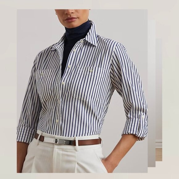 Women's LAUREN Relaxed Fit Cotton Roll Tab Sleeve Shirt - Picture 10 of 12